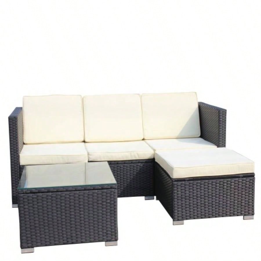 Outdoor Garden Patio Furniture 5 - Piece PE Rattan Wicker Cushioned Sofa Sets and Coffee Table, patio furniture set; outdoor couch Beige Cushion