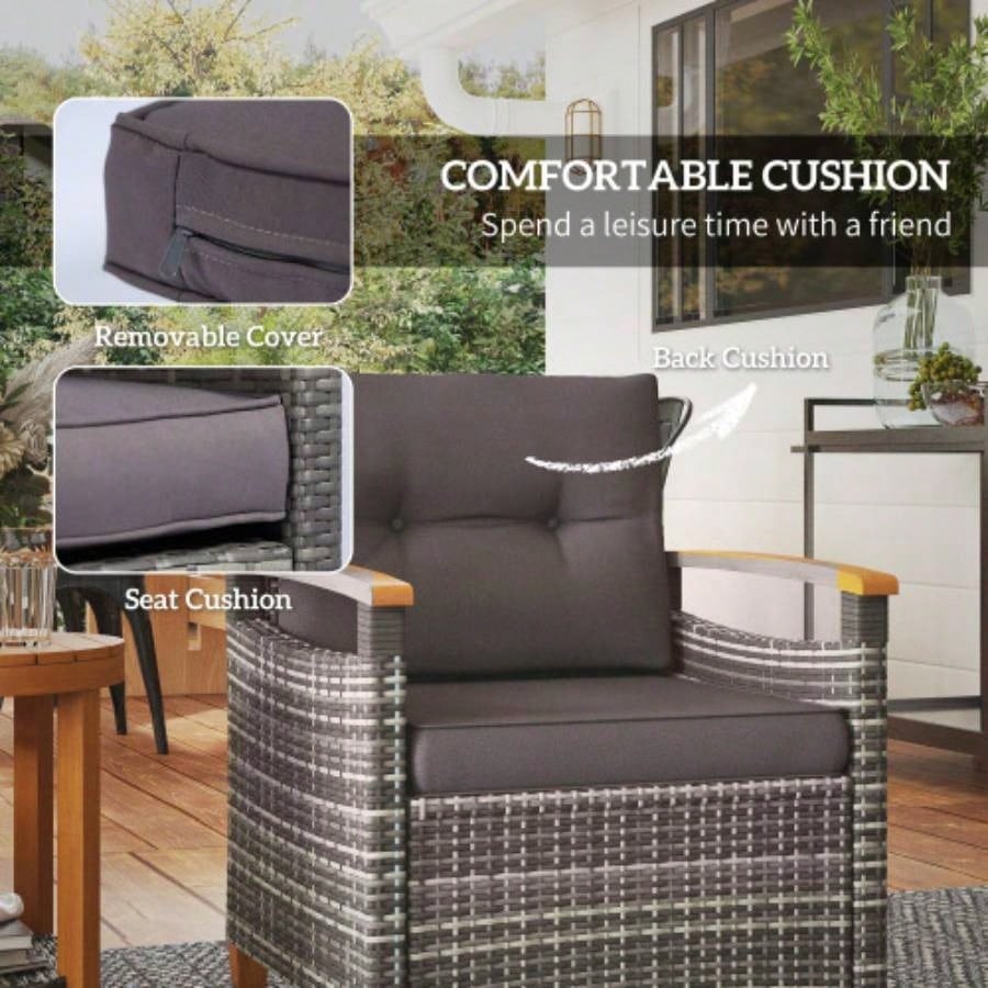 Outsunny 3 Pieces Patio Bistro Set Wooden with Cushions, PE Wicker Patio Furniture Outdoor Porch, Backyard, Garden, Gray