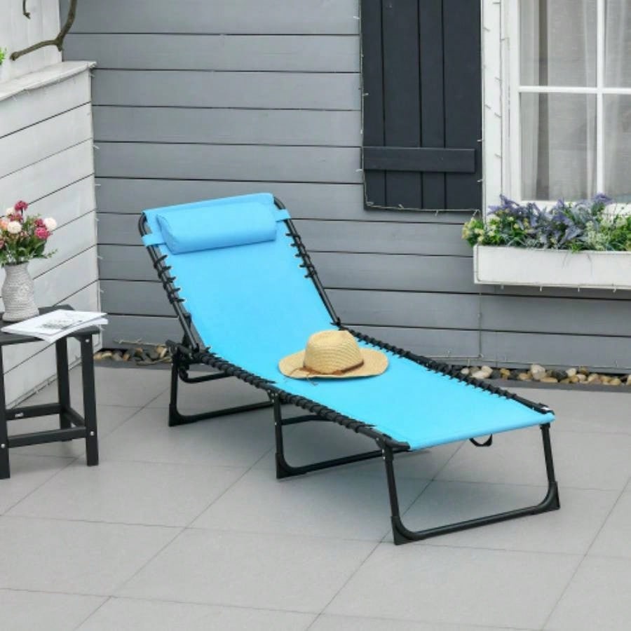 Outsunny Folding Chaise Lounge Pool Chair, Patio Tanning Chair, Outdoor Lounge Chair/ 4 - Position Reclining Back, Pillow, Breathable Mesh Bungee Beach, Yard, Patio, Blue