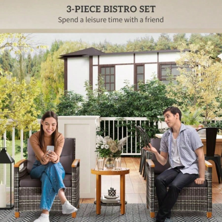 Outsunny 3 Pieces Patio Bistro Set Wooden with Cushions, PE Wicker Patio Furniture Outdoor Porch, Backyard, Garden, Gray