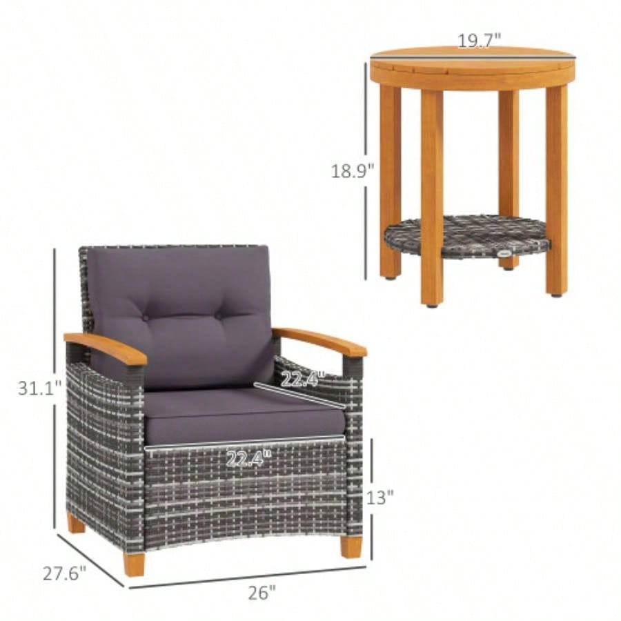 Outsunny 3 Pieces Patio Bistro Set Wooden with Cushions, PE Wicker Patio Furniture Outdoor Porch, Backyard, Garden, Gray