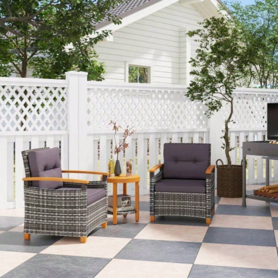 Outsunny 3 Pieces Patio Bistro Set Wooden with Cushions, PE Wicker Patio Furniture Outdoor Porch, Backyard, Garden, Gray