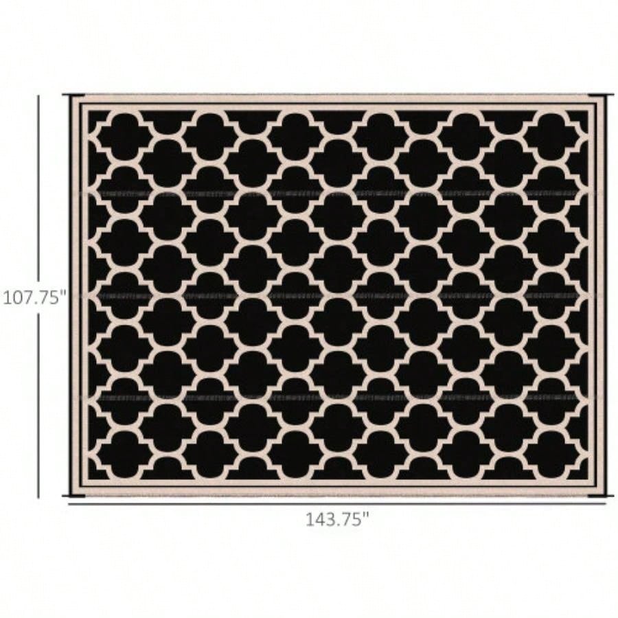 Outsunny Reversible Outdoor Rug Carpet, 9x 18 Waterproof Plastic Straw Rug, Portable RV Camping Rugs with Carry Bag, Large Floor Backyard, Deck, Picnic, Beach, Black Beige