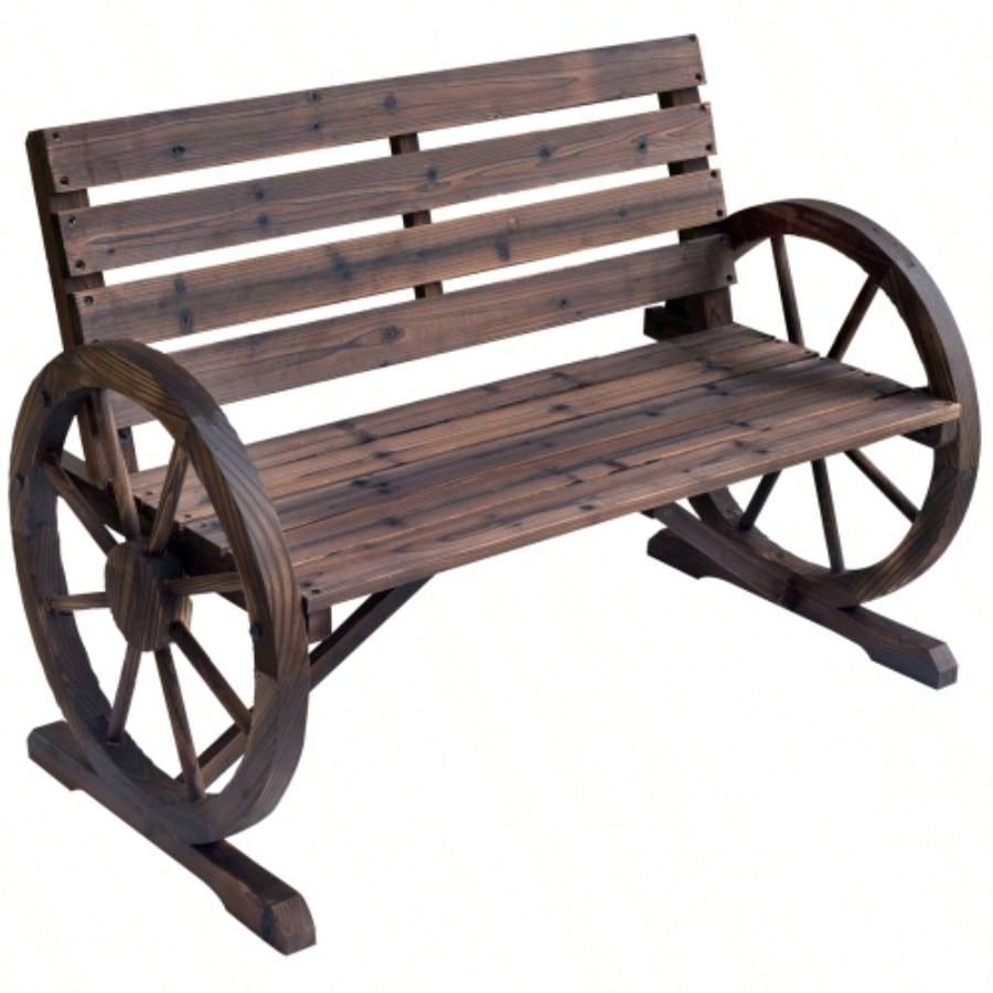 Outsunny 41 Wooden Wagon Wheel, Rustic Outdoor Patio Weather Resistance Furniture, 2 - Person Slatted with Backrest, Carbonized
