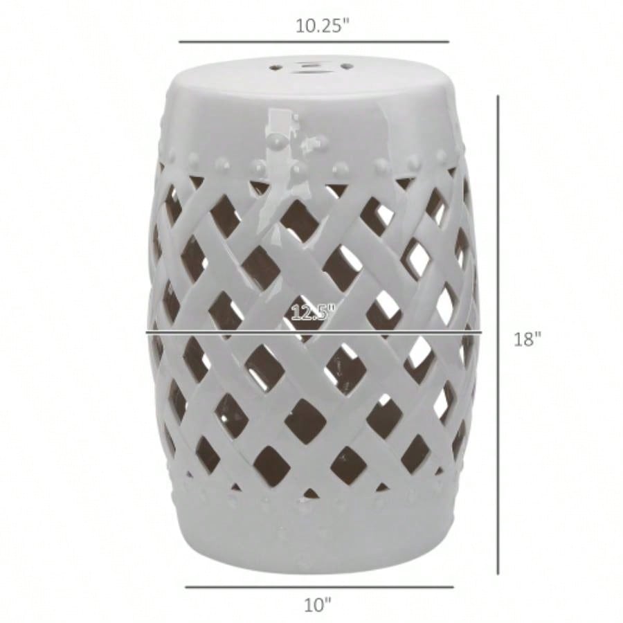 Outsunny 13x 18 Ceramic Garden Stool with Woven Lattice Design Glazed Strong Materials Decorative End Table, White