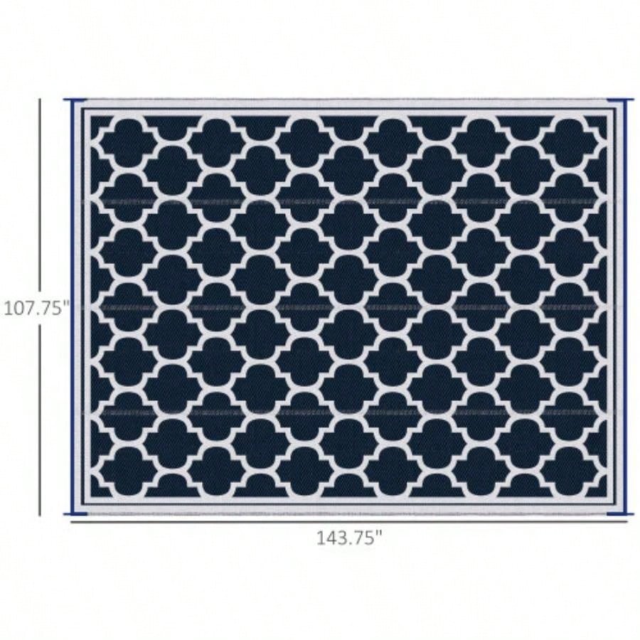 Outsunny Reversible Outdoor Rug Carpet, 9x 18 Waterproof Plastic Straw Rug, Portable RV Camping Rugs with Carry Bag, Large Floor Backyard, Deck, Picnic, Beach, Blue White