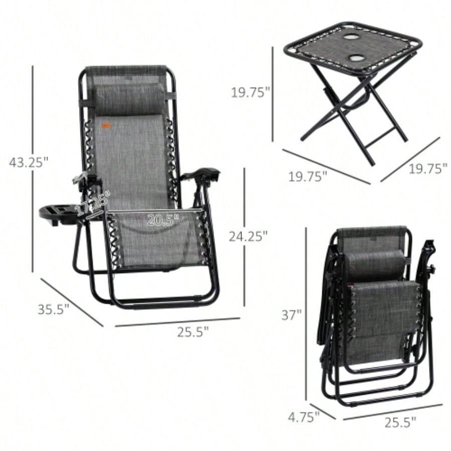 Outsunny Zero Chair Set with Side Table, Folding Reclining Chair with Cupholders Pillows, Adjustable Lounge Chair Pool, Backyard, Lawn, Beach, Gray