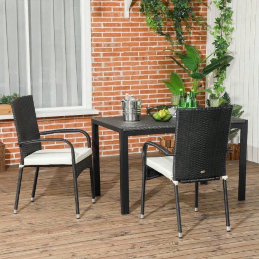 Outsunny Stackable PE Rattan Outdoor Dining Chairs with Cushions, Set of 2 Patio Wicker Dining Chairs with Armrests and Backrest Patio, Deck, White