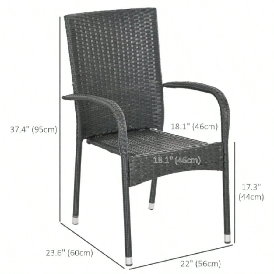 Outsunny Stackable PE Rattan Outdoor Dining Chairs with Cushions, Set of 2 Patio Wicker Dining Chairs with Armrests and Backrest Patio, Deck, White