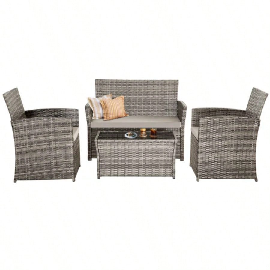 4 Piece Outdoor PE Wicker Furniture Set, Patio Gray Rattan Sectional Sofa Couch with Washable Cushions