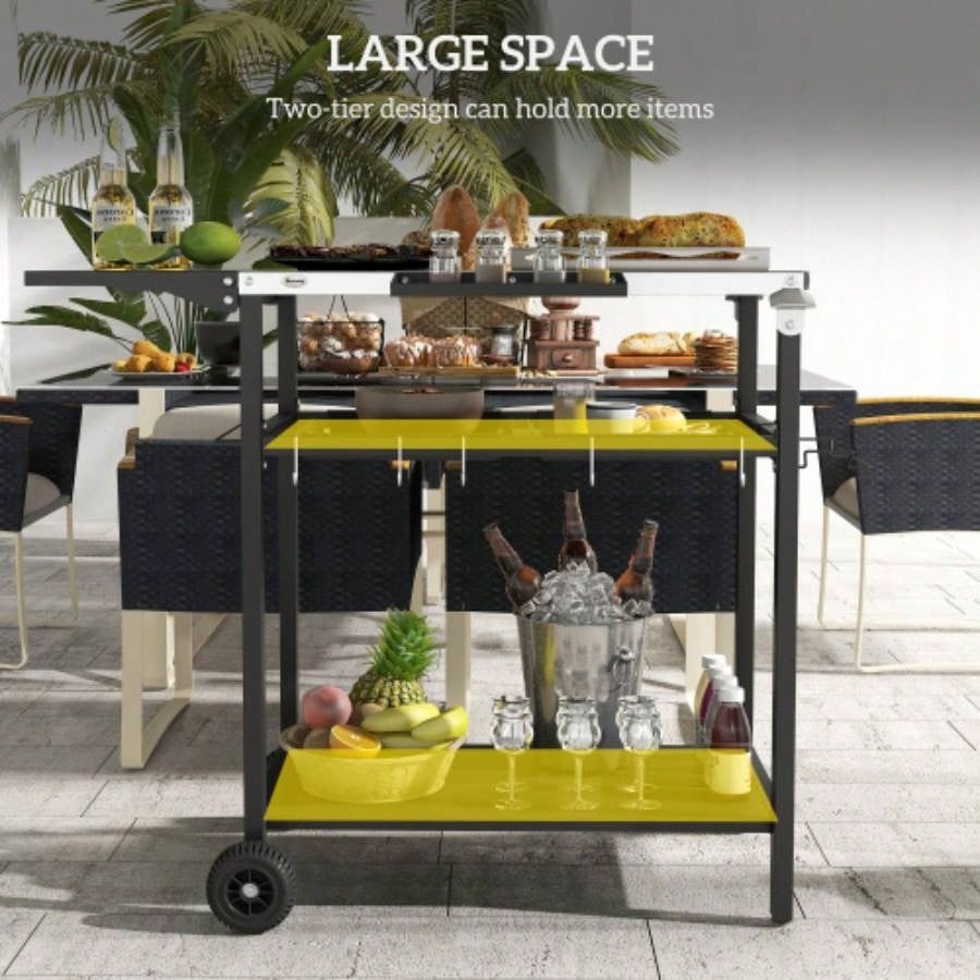 Outsunny Outdoor Bar Cart with Stainless Steel Tabletop, Kitchen Island with Wheels, 2 Tiers Seasoning Shelf, Patio Serving Cart with Hooks, Towel Garbage Bag Holder, Plates Spice Jars, Black