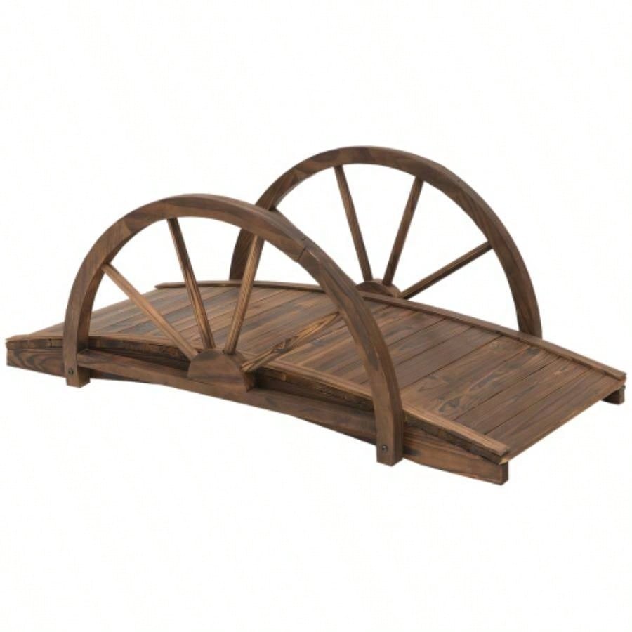 Outsunny 3.3ft Wooden Garden Bridge Footbridge with Half - Wheel Style Railings Solid Fir Construction, Stained Wood