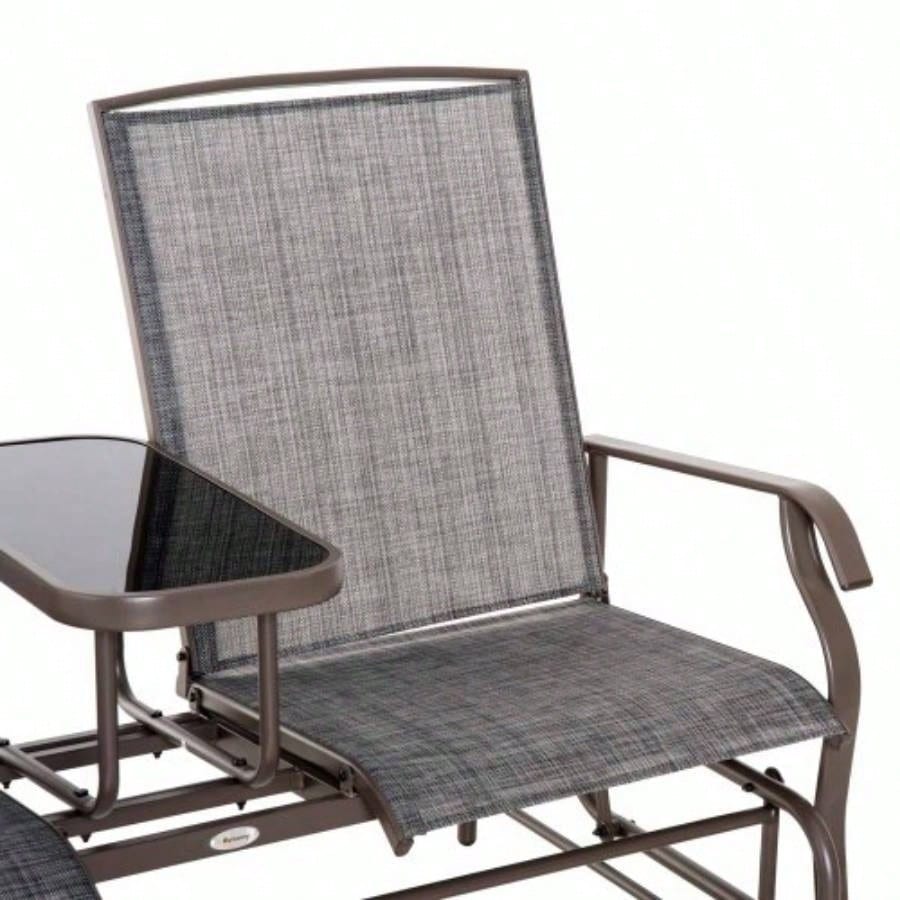 Outsunny Outdoor Glider with Center Table, Metal Frame Patio Loveseat with Breathable Mesh Fabric and Armrests Backyard Garden Porch, Gray