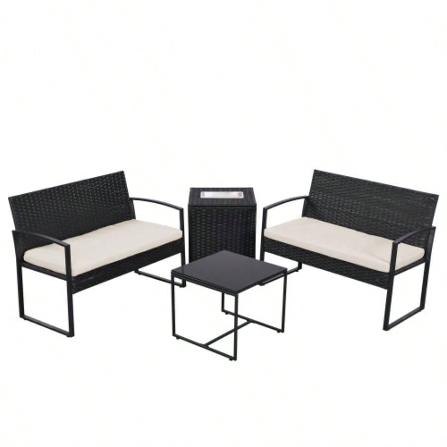 4 Piece Outdoor PE Wicker Furniture Set, Patio Black Rattan Sectional Sofa Couch with Washable Cushions