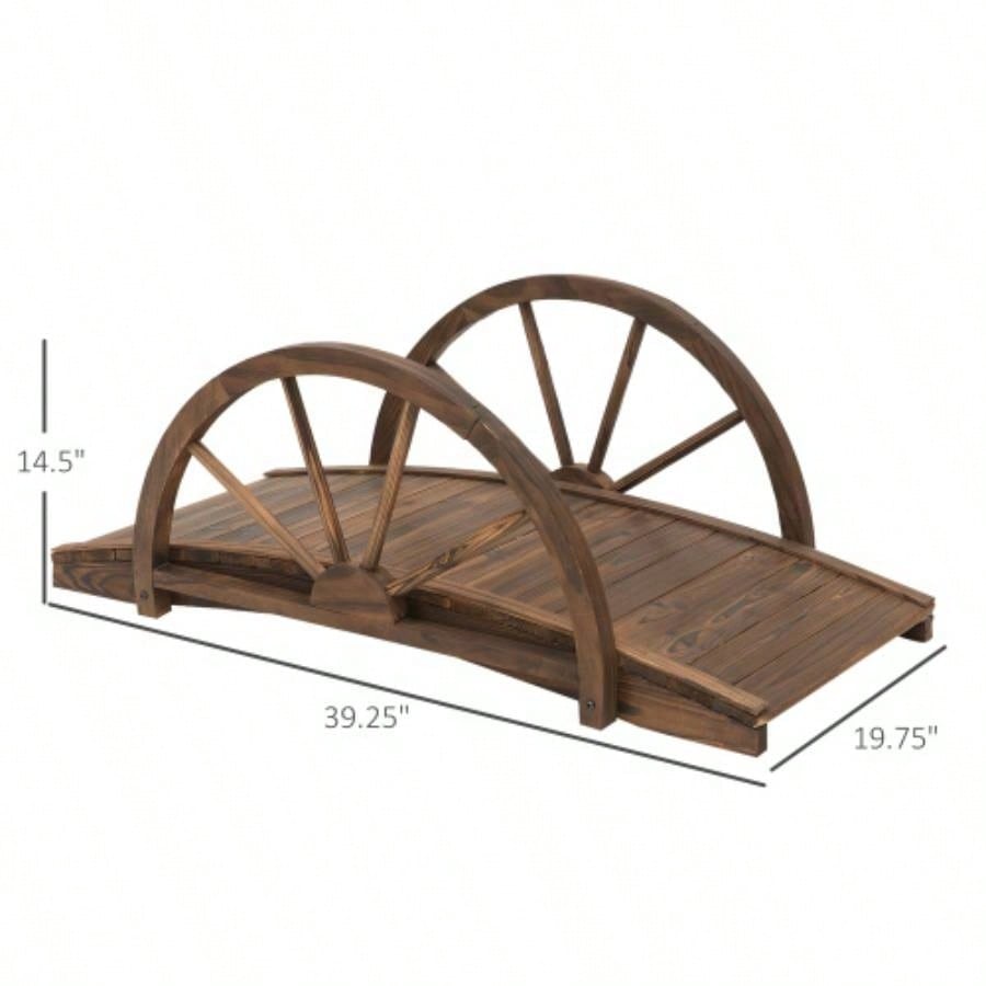 Outsunny 3.3ft Wooden Garden Bridge Footbridge with Half - Wheel Style Railings Solid Fir Construction, Stained Wood