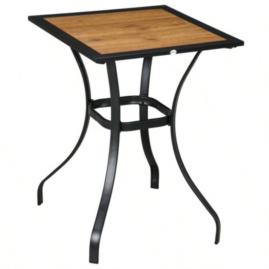 Outsunny 28 Outdoor Dining Table, Faux Wood Patio Furniture, Square Wood - Like Garden Table with Safe Design Deck, Backyard, Lawn, Brown