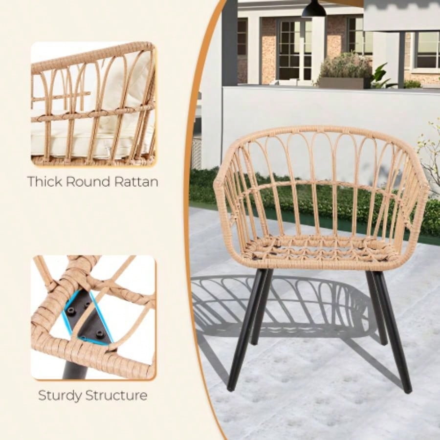 5 Piece Patio Bistro Set with Ottoman, Outdoor Wicker Apartment Balcony Furniture Sets, Rattan Table and Chairs Set of 2 Porch Backyard Deck, Yellow, Beige