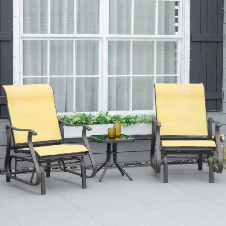 Outsunny 3 - Piece Outdoor Gliders Set Bistro Set with Steel Frame, Tempered Glass Top Table Patio, Garden, Backyard, Lawn, Beige
