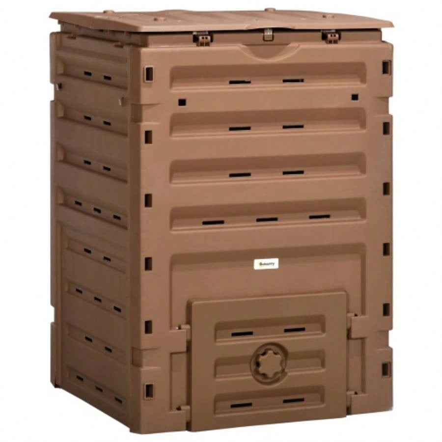 Outsunny Garden Compost Bin, 120 Gallon 450L Garden Composter, with 80 Vents and 2 Sliding Doors, Lightweight Sturdy, Fast Creation of Fertile Soil, Brown