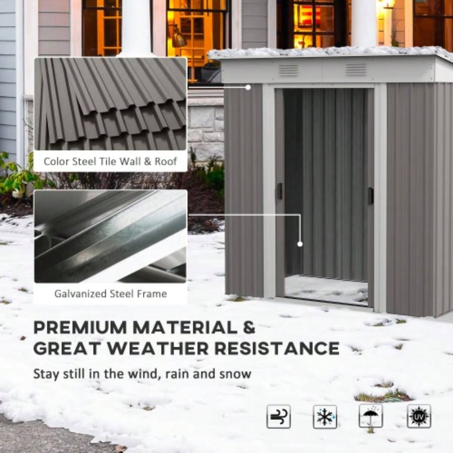 Outsunny 6x 4 Metal Lean to Garden Shed, Outdoor Storage Shed, Garden House with Double Sliding Doors, 2 Vents Backyard, Patio, Lawn, Gray