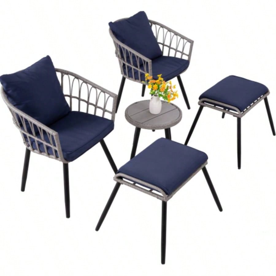 5 Piece Patio Bistro Set with Ottoman, Outdoor Wicker Apartment Balcony Furniture Sets, Rattan Table and Chairs Set of 2 Porch Backyard Deck, Gray, Blue