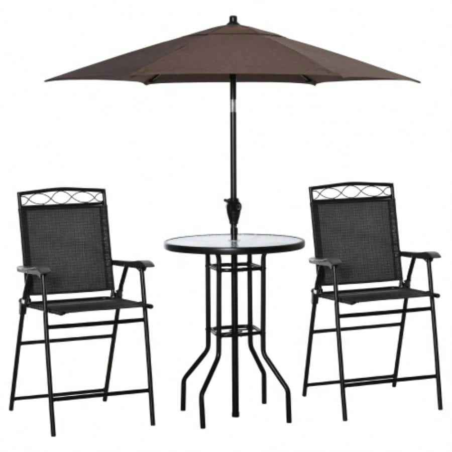 Outsunny 4 Piece Outdoor Patio Dining Furniture Set, 2 Folding Chairs, Adjustable Angle, Wave Textured Tempered Glass Dinner Table, Black