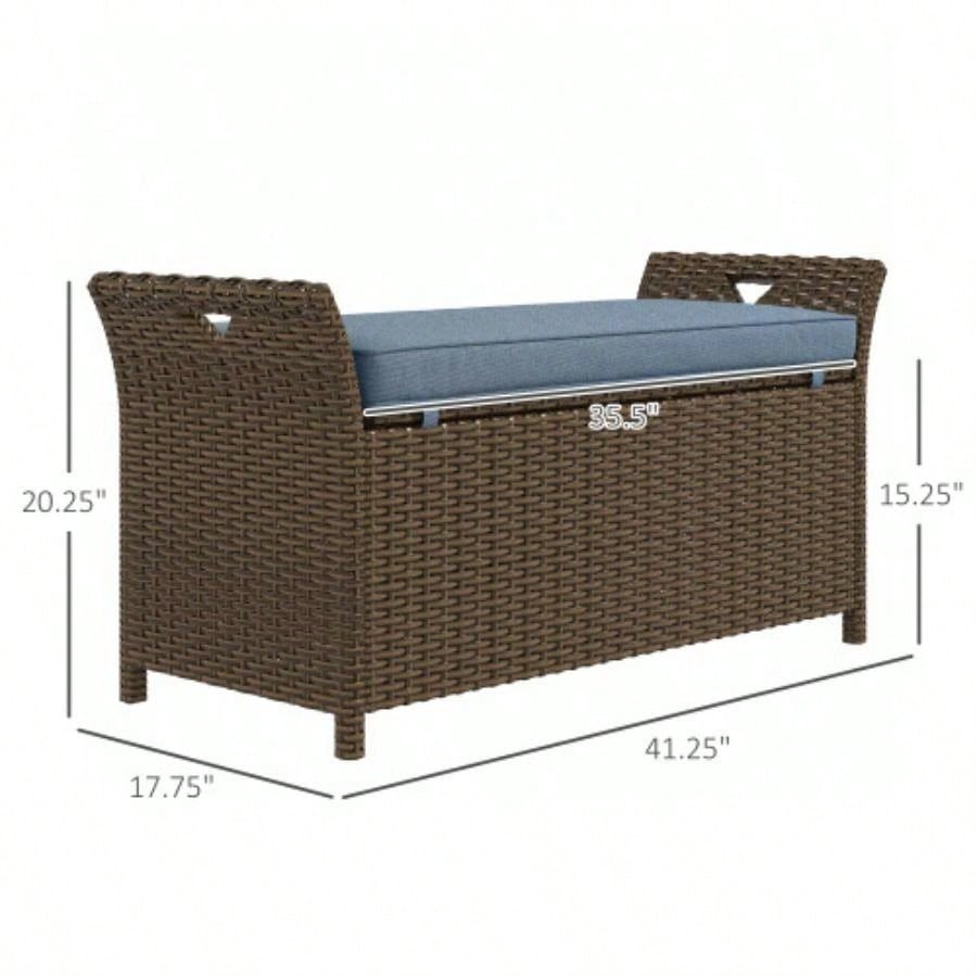 Outsunny 27 Gallon Patio Wicker Storage, Outdoor PE Rattan Patio Furniture, 2 - In - 1 Large Capacity Rectangle Garden Storage Box with Handles and Cushion, Dark Blue