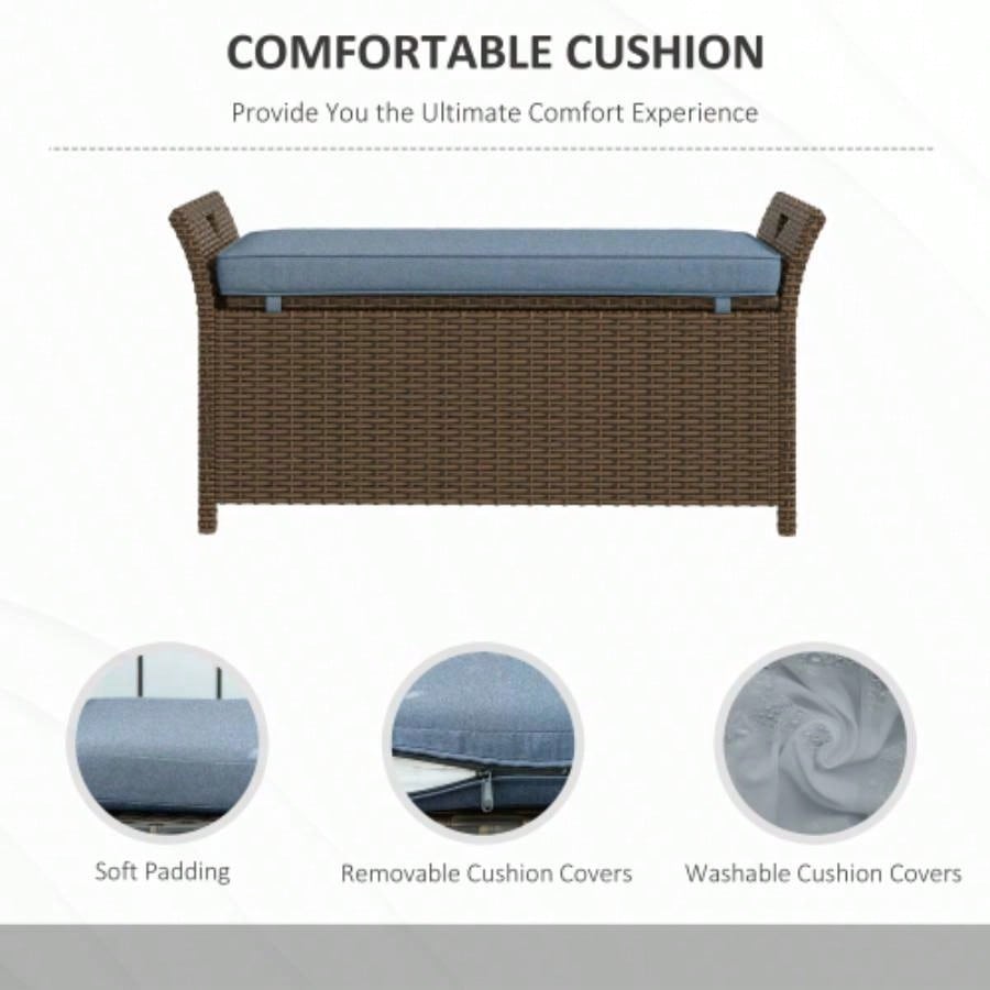 Outsunny 27 Gallon Patio Wicker Storage, Outdoor PE Rattan Patio Furniture, 2 - In - 1 Large Capacity Rectangle Garden Storage Box with Handles and Cushion, Dark Blue