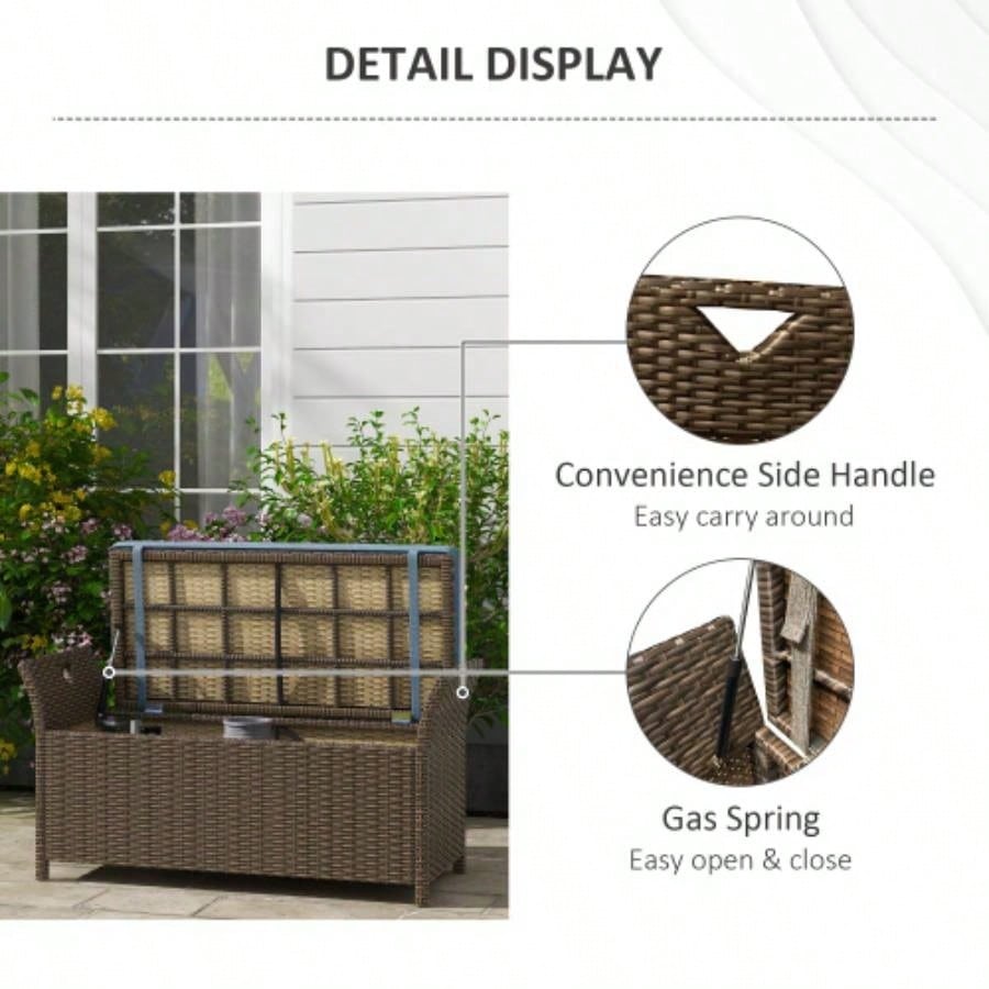 Outsunny 27 Gallon Patio Wicker Storage, Outdoor PE Rattan Patio Furniture, 2 - In - 1 Large Capacity Rectangle Garden Storage Box with Handles and Cushion, Dark Blue