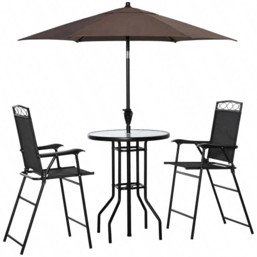Outsunny 4 Piece Outdoor Patio Dining Furniture Set, 2 Folding Chairs, Adjustable Angle, Wave Textured Tempered Glass Dinner Table, Black
