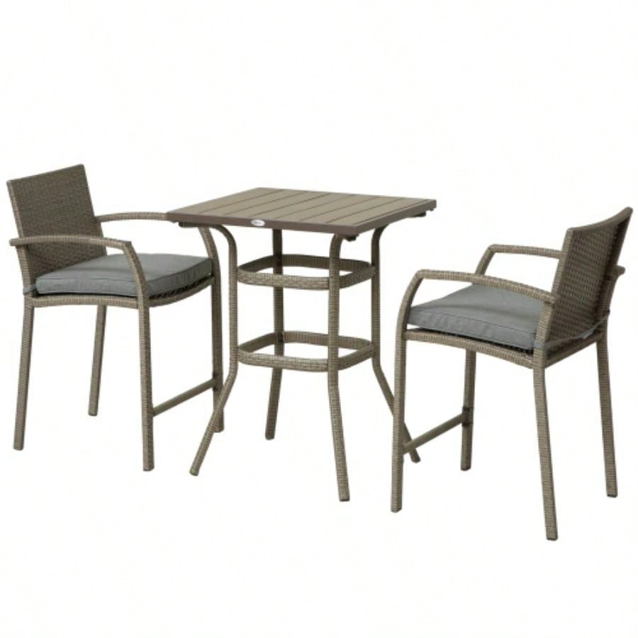 Outsunny 3 PCS Rattan Wicker Bar Set with Wood Grain Top Table and 2 Bar Stools Outdoor, Patio, Poolside, Garden,