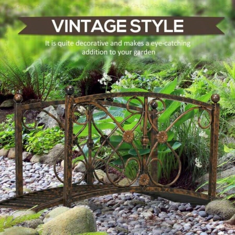 Outsunny 3.3FT Metal Arch Zen Garden Bridge with Safety Siderails, Decorative Footbridge, Delicate Floral Scrollwork Stream, Fish Pond, Brown