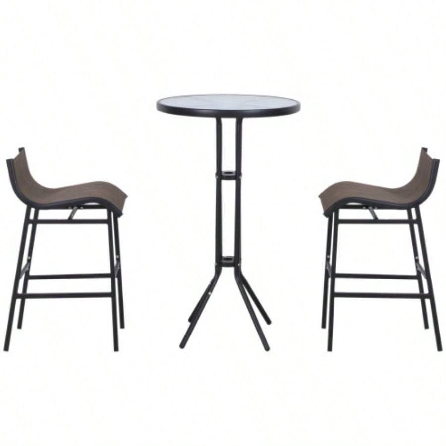 Outsunny 3 Piece Bar Height Outdoor Bistro Set 2, Round Patio Pub Table 2 Bar Chairs with Comfortable Design Strong Build, Tan