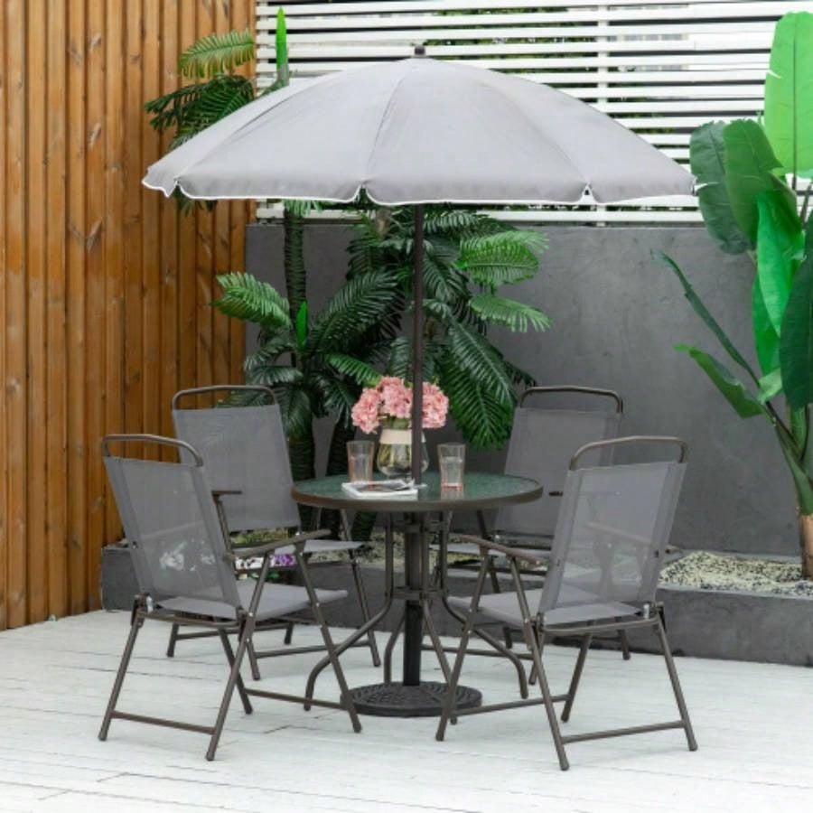 Outsunny 6 Piece Patio Dining Set 4 with, Outdoor Table and Chairs with 4 Folding Dining Chairs Round Glass Table Garden, Backyard and Poolside, Gray