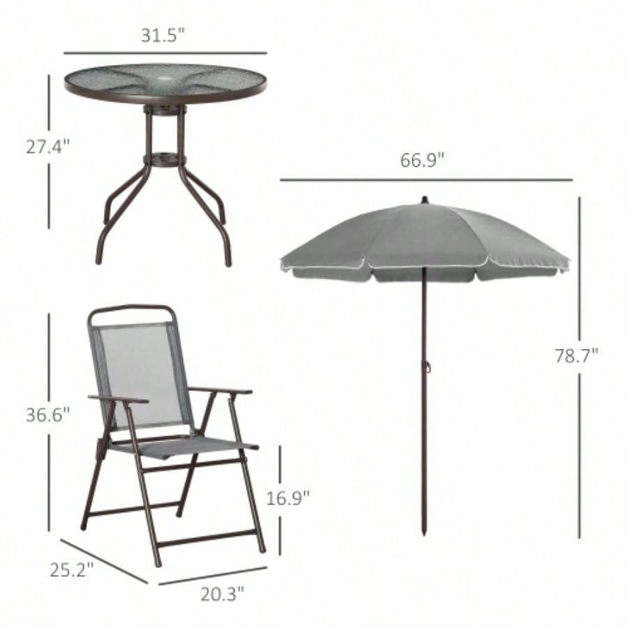 Outsunny 6 Piece Patio Dining Set 4 with, Outdoor Table and Chairs with 4 Folding Dining Chairs Round Glass Table Garden, Backyard and Poolside, Gray