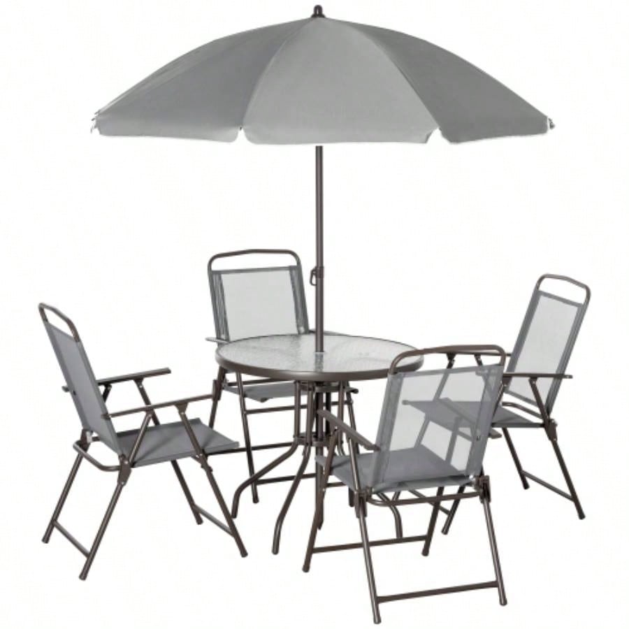Outsunny 6 Piece Patio Dining Set 4 with, Outdoor Table and Chairs with 4 Folding Dining Chairs Round Glass Table Garden, Backyard and Poolside, Gray