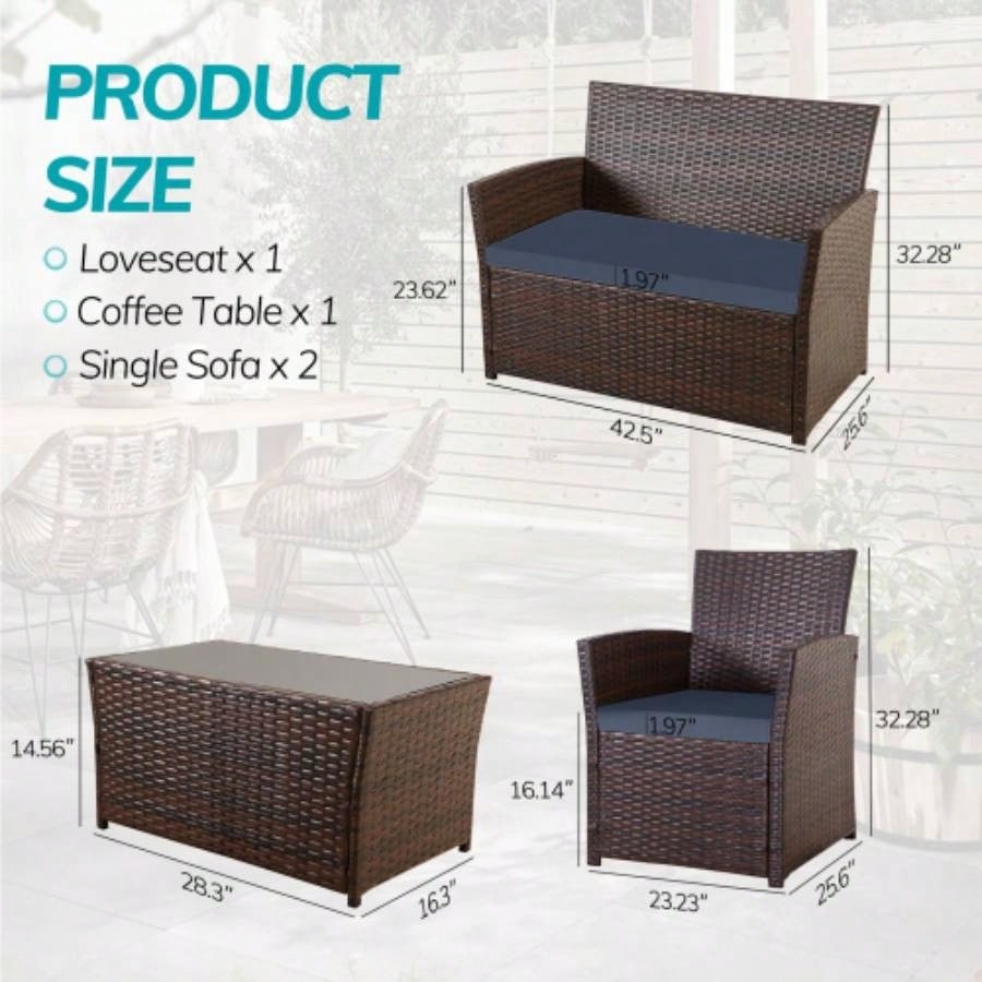 4 Piece Outdoor PE Wicker Furniture Set, Patio Brown Rattan Sectional Sofa Couch with Washable Cushions