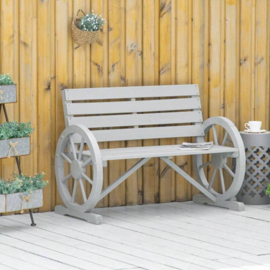 Outsunny 41 Wooden Wagon Wheel, Rustic Outdoor Patio Weather Resistance Furniture, 2 - Person Slatted with Backrest, Light Gray