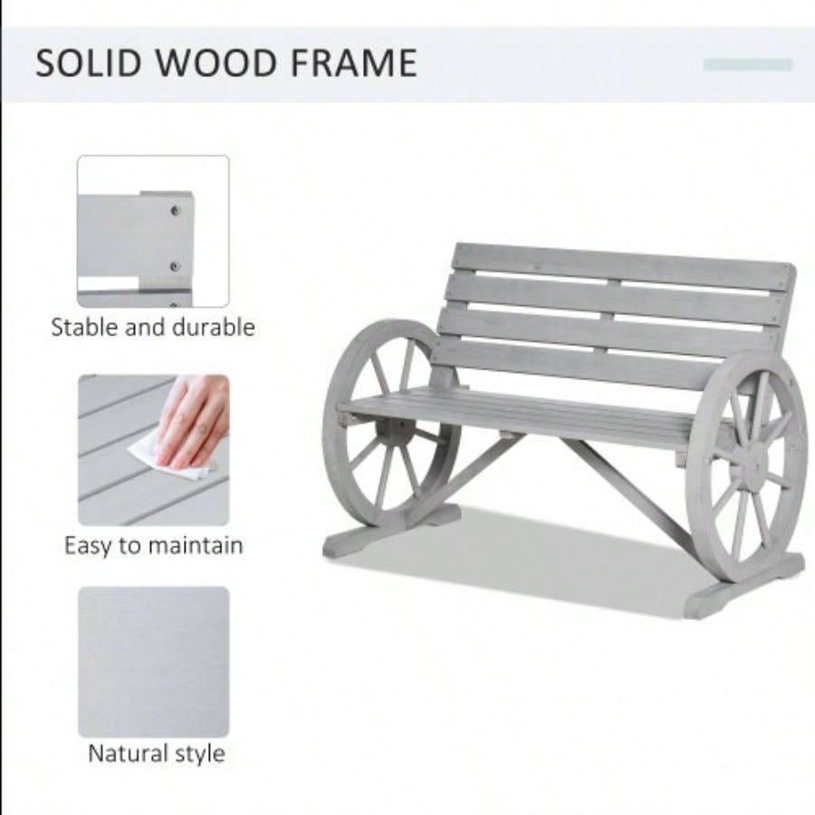 Outsunny 41 Wooden Wagon Wheel, Rustic Outdoor Patio Weather Resistance Furniture, 2 - Person Slatted with Backrest, Light Gray