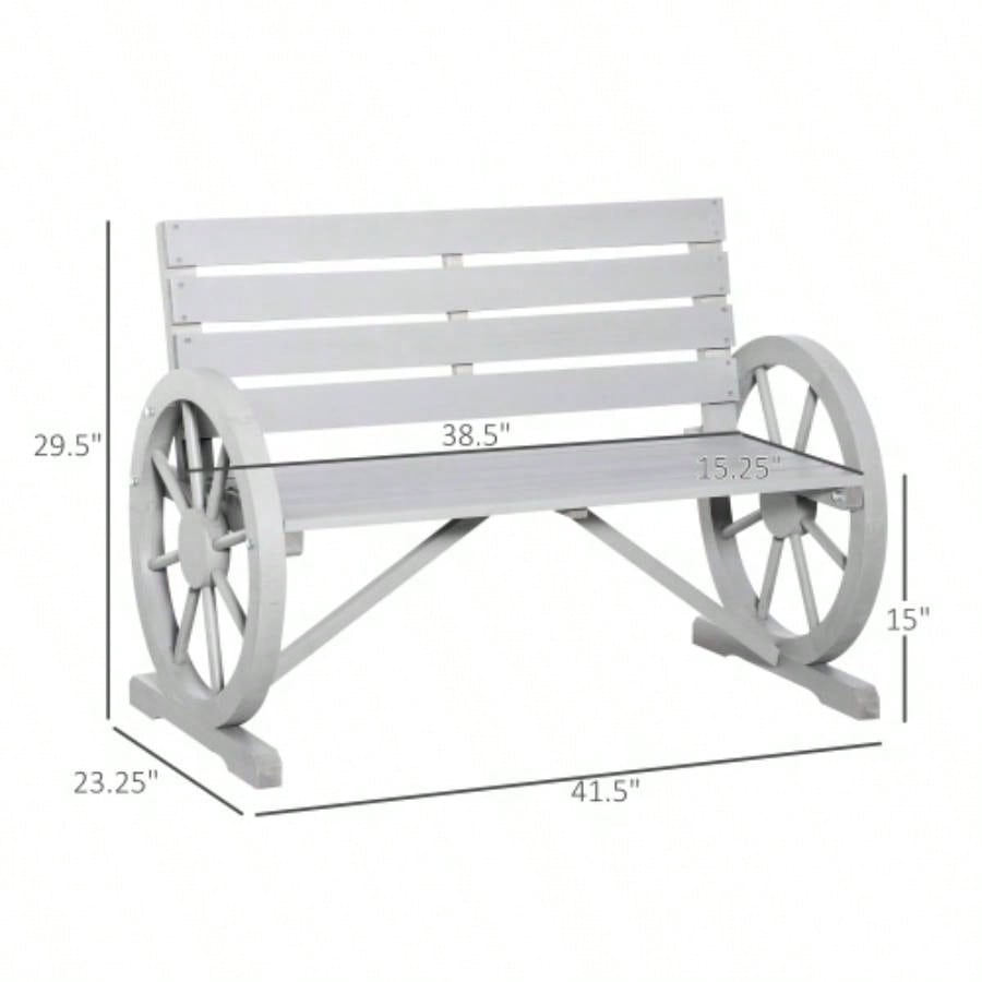 Outsunny 41 Wooden Wagon Wheel, Rustic Outdoor Patio Weather Resistance Furniture, 2 - Person Slatted with Backrest, Light Gray