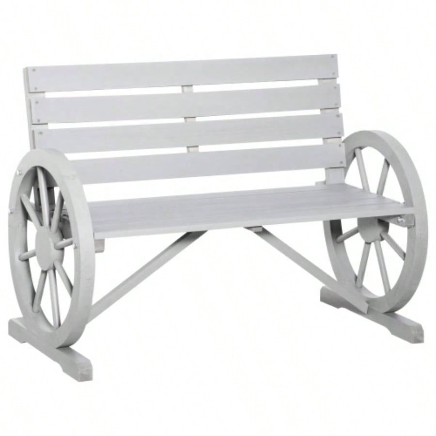Outsunny 41 Wooden Wagon Wheel, Rustic Outdoor Patio Weather Resistance Furniture, 2 - Person Slatted with Backrest, Light Gray