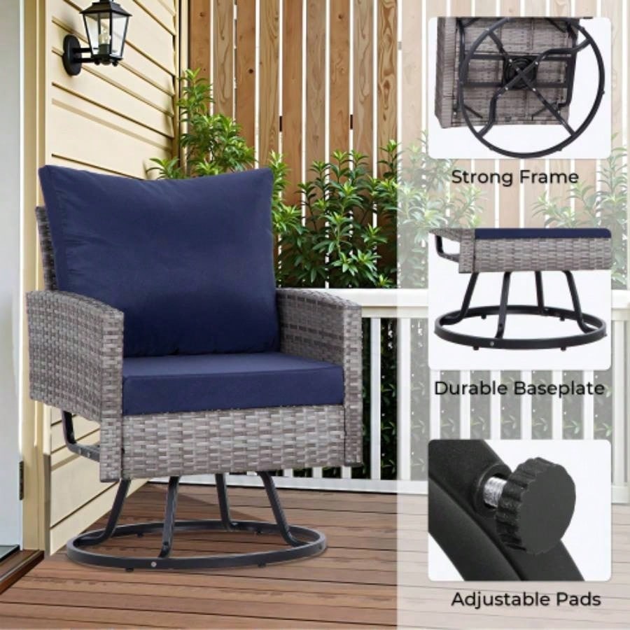 3 - Piece Wicker Patio Furniture Set Rattan Swivel Chairs with Coffee Table, Outdoor Seating Porch, Balcony, Garden Wicker/Blue Cushions