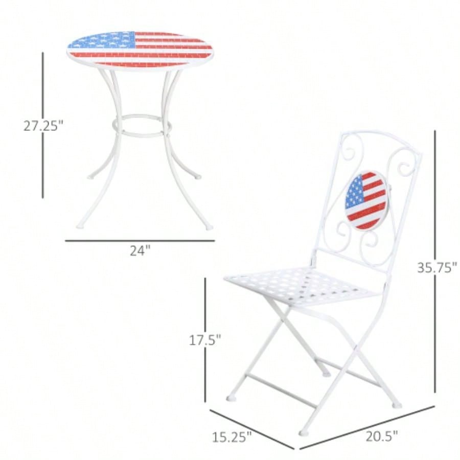3 Piece Patio Bistro Set, Folding Outdoor Furniture with USA Table and Chairs, Portable Metal Frames 4th of July, Balcony, Backyard, Poolside, Porch, American