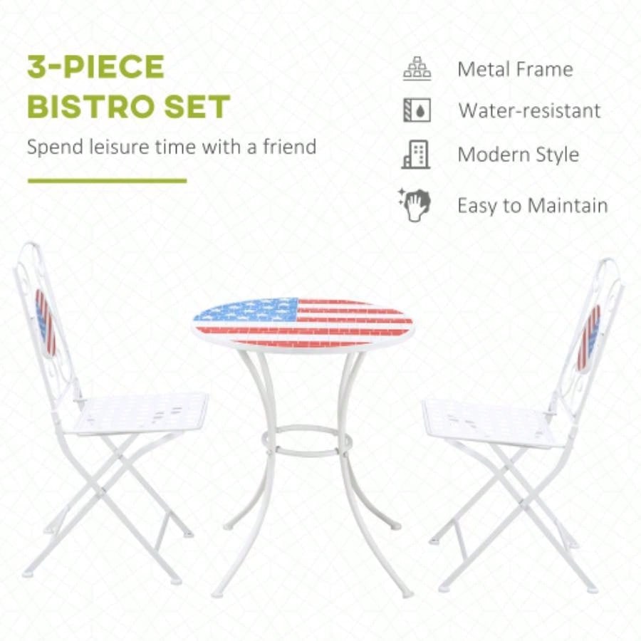 3 Piece Patio Bistro Set, Folding Outdoor Furniture with USA Table and Chairs, Portable Metal Frames 4th of July, Balcony, Backyard, Poolside, Porch, American