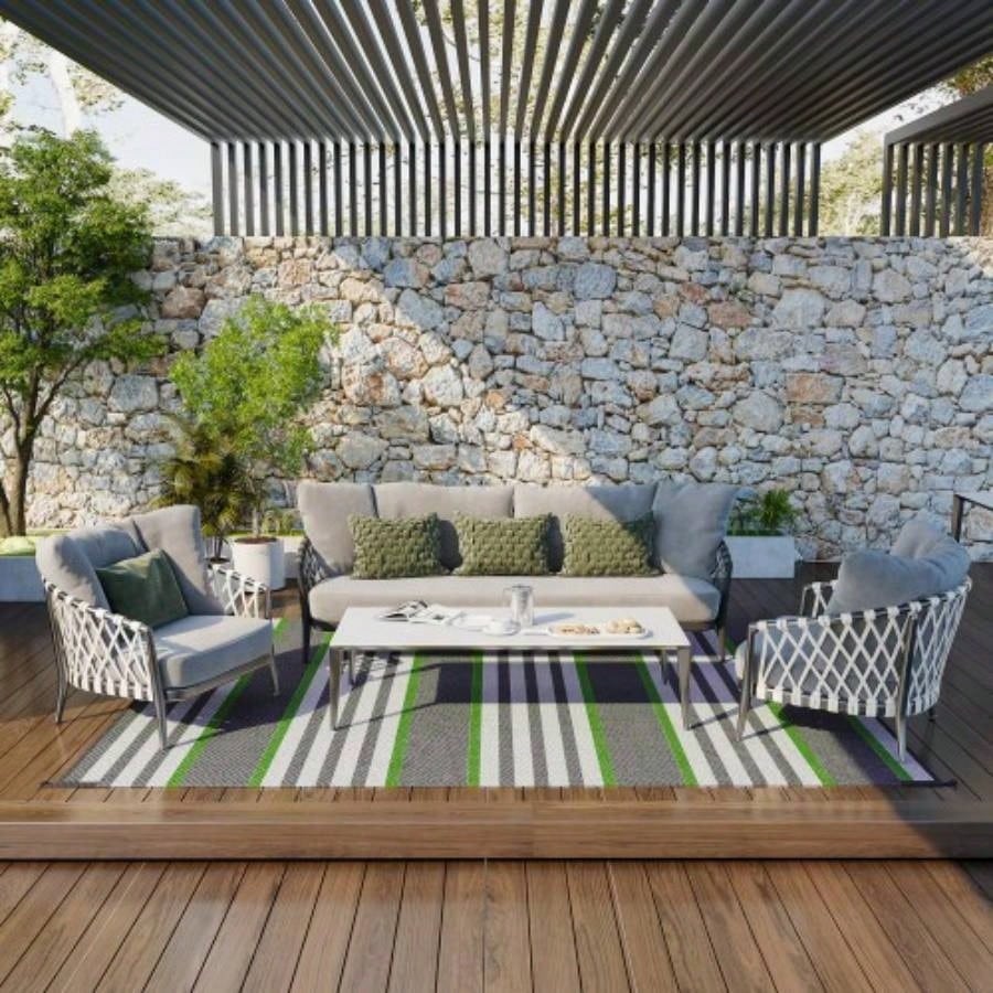 Outsunny Reversible Outdoor Rug Carpet, 9x 12 Waterproof Plastic Straw Rug, Portable RV Camping Rugs with Carry Bag, Large Floor Backyard, Deck, Picnic, Beach, Green Gray Striped