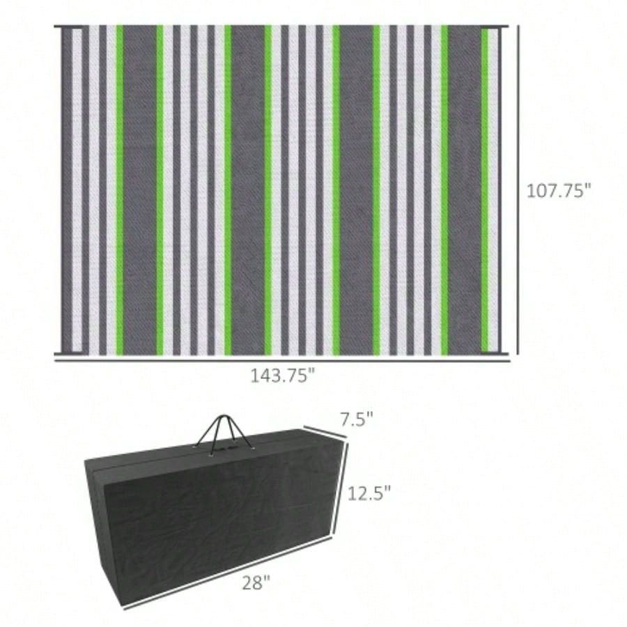 Outsunny Reversible Outdoor Rug Carpet, 9x 12 Waterproof Plastic Straw Rug, Portable RV Camping Rugs with Carry Bag, Large Floor Backyard, Deck, Picnic, Beach, Green Gray Striped