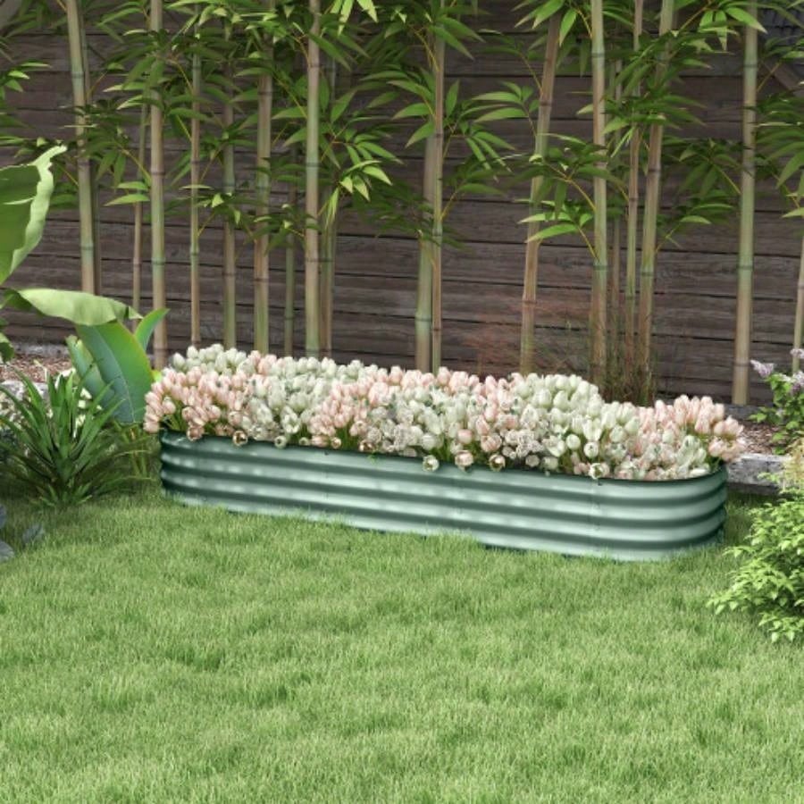Outsunny 6.4x 2x 1 Galvanized Raised Garden Bed Kit, Outdoor Metal Elevated Planter Box with Safety Edging, Easy Stock Growing Flowers, Herbs Vegetables, Green