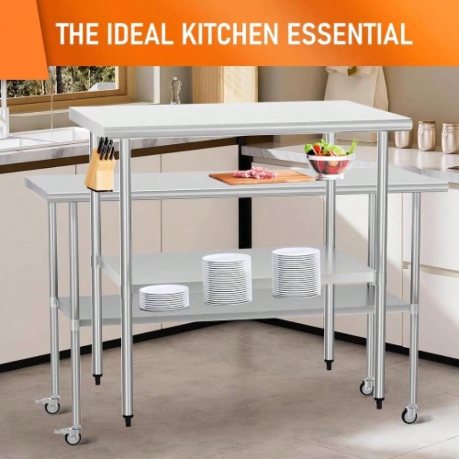 Stainless Steel Table 24x 60 Inches Metal Prep Table with wheels Adjustable Undershelf, Stainless Table Commercial Kitchen, Outdoor, Restaurant, Hotel Garage