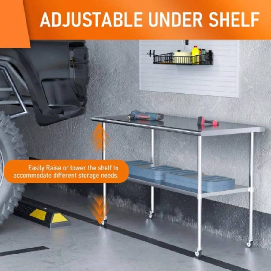 Stainless Steel Table 24x 60 Inches Metal Prep Table with wheels Adjustable Undershelf, Stainless Table Commercial Kitchen, Outdoor, Restaurant, Hotel Garage