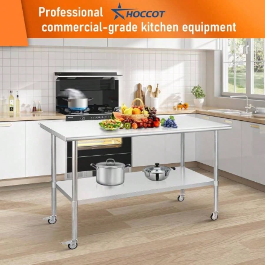 Stainless Steel Table 24x 60 Inches Metal Prep Table with wheels Adjustable Undershelf, Stainless Table Commercial Kitchen, Outdoor, Restaurant, Hotel Garage